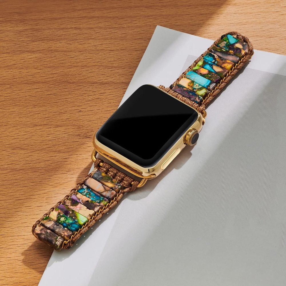 Natural Jasper Stone Tube Strap Braided Watch Band for 38 40mm Apple iWatch